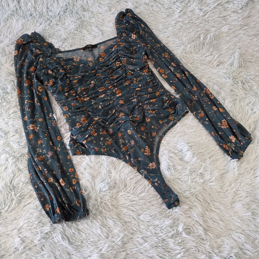 Lulus Teal Floral Ruched‎ Mesh Long Sleeve Bodysuit XL